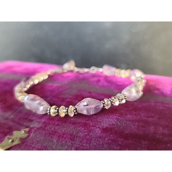 925 Sterling Silver Amethyst And Tourmaline Adjustable Beaded Bracelet Vintage - Picture 1 of 10